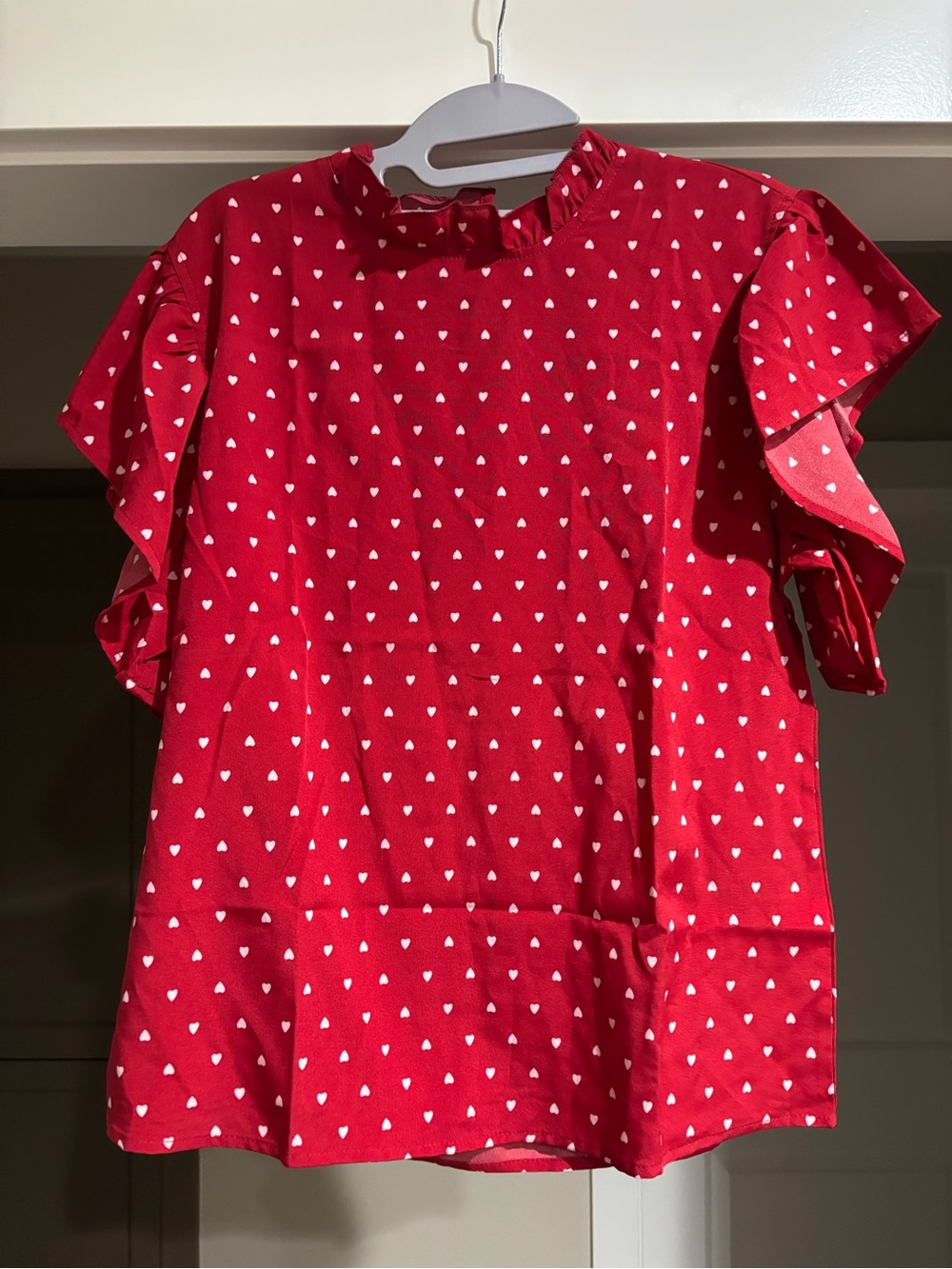 Red Heart Print Ruffle Sleeve Blouse